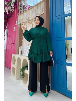 Bym Fashion Bym Eteği Pile Görünümlü Bel Kuşaklı Piliseli Tunik 2673 Zümrüt