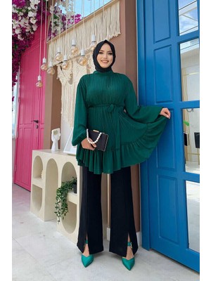 Bym Fashion Bym Eteği Pile Görünümlü Bel Kuşaklı Piliseli Tunik 2673 Zümrüt