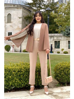 Bym Fashion Pelerin Kol Görünümlü Düz Astarlı Ceket 7666 Vizon