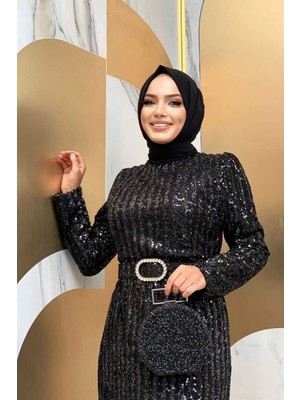 Bym Fashion Bym Kalem Model Bel Kemer Aksesuarlu Pul Payet Abiye Elbise 3706 Siyah