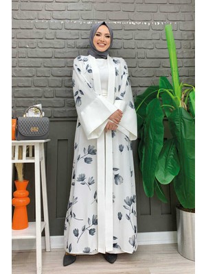 Bym Fashion Bym Desenli Abaya Düz Cep Detay Kuşaklı Sıfır Kol Tulum Takım 8312 Ekru