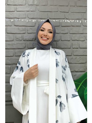 Bym Fashion Bym Desenli Abaya Düz Cep Detay Kuşaklı Sıfır Kol Tulum Takım 8312 Ekru