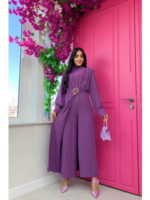 Bym Fashion Bym Bel Lastikli Düğme Görünümlü Kemer Aksesuarlı Tulum 3757 Mor