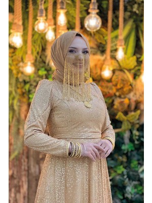 Bym Fashion Bym Iki Renkli Simli Astarlı Arkası Fermuarlı Tül Abiye Elbise 3769 Gold