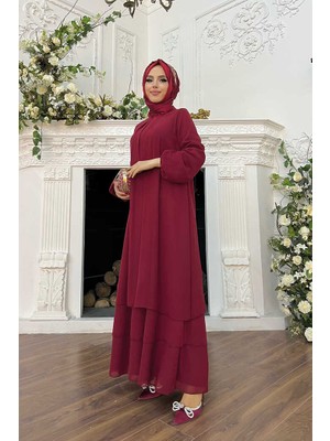 Bym Fashion Kat Kat Görünüm Kol Manşetleri Lastikli Şifon Elbise 3060 Bordo