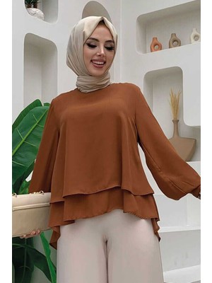 Bym Fashion Bym Kat Kat Kol Manşetli Şifon Bluz 5148 Taba