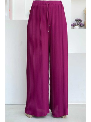 Bym Fashion Bel Lastikli Bağcık Görünümlü Piliseli Pantolon 0129 Fuşya