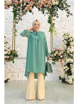 Bym Fashion Bym Yaka Detay Kuyruklu Kol Manşetli Şifon Tunik 2454 Mint