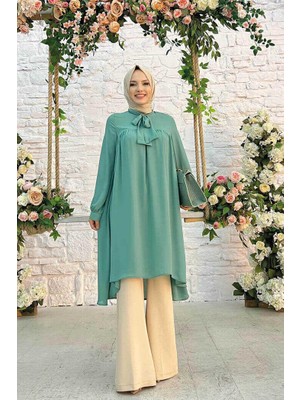 Bym Fashion Bym Yaka Detay Kuyruklu Kol Manşetli Şifon Tunik 2454 Mint