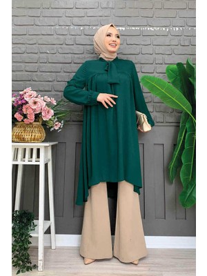 Bym Fashion Bym Yaka Detay Kuyruklu Kol Manşetli Şifon Tunik 2454 Zümrüt