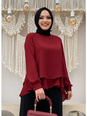 Bym Fashion Bym Kat Kat Kol Manşetli Şifon Bluz 5148 Bordo