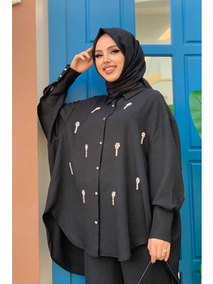 Bym Fashion Bym Taş Işlemeli Yarasakol Görünümlü Düğmeli Tunik 2685 Siyah