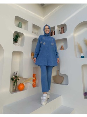 Bym Fashion Bym Taş Detaylı Düğmeli Tunik ve Pantolon Takım 8403 Mavi