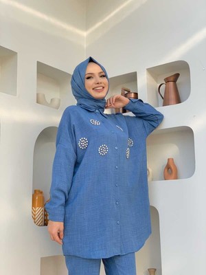 Bym Fashion Bym Taş Detaylı Düğmeli Tunik ve Pantolon Takım 8403 Mavi