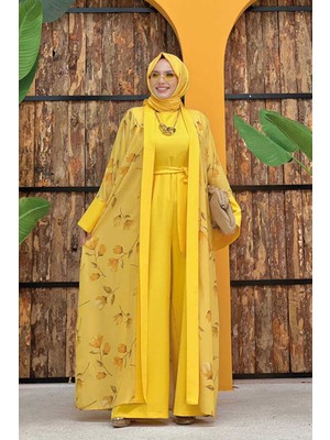 Bym Fashion Bym Desenli Abaya Düz Cep Detay Kuşaklı Sıfır Kol Tulum Takım 8312 Sarı