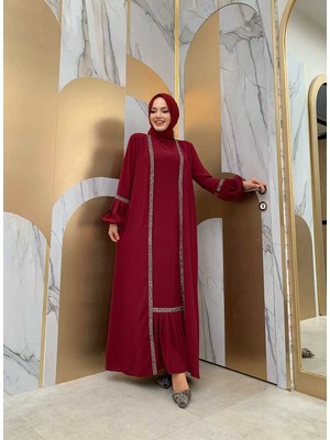 Bym Fashion Bym Taş Detaylı Abaya Sıfır Kol Elbise Takım 3657 Bordo