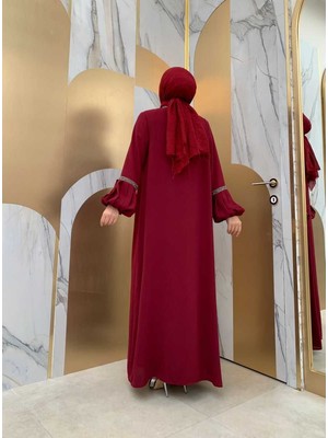 Bym Fashion Bym Taş Detaylı Abaya Sıfır Kol Elbise Takım 3657 Bordo