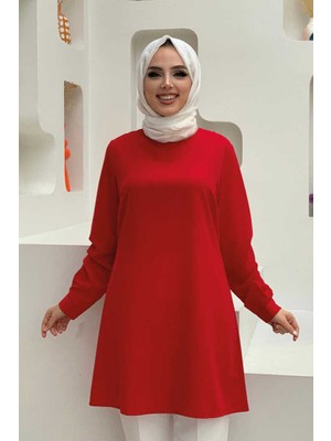 Bym Fashion Bym Kol Manşetleri Düğmeli Bisiklet Yaka Uzun Tunik 2649 Kırmızı