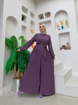 Bym Fashion Bym Eteği Pilise Detaylı Bel Kuşaklı Kol Manşetleri Lastikli Tulum 3704 Mor