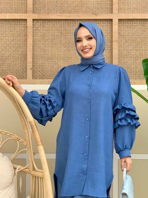 Bym Fashion Bym Kol Fırfır Detay Boydan Düğmeli Tunik 2713 Indigo