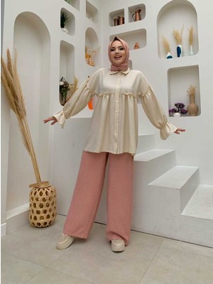 Bym Fashion Bym Fırfır Detaylı Kol Manşetleri Büzgülü Düğmeli Tunik 5330 Taş