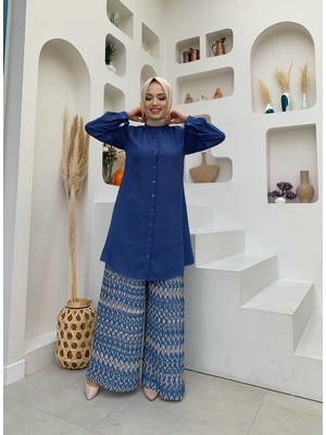 Bym Fashion Bym Boydan Düğmeli Kol Manşetli Hakim Yaka Tunik 2684 Indigo