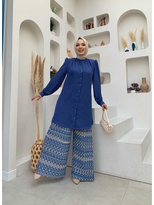 Bym Fashion Bym Boydan Düğmeli Kol Manşetli Hakim Yaka Tunik 2684 Indigo