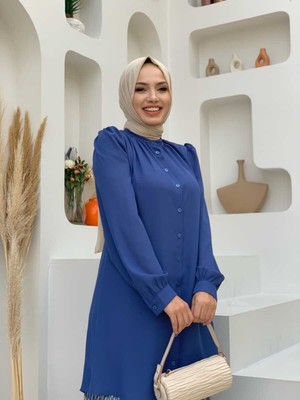 Bym Fashion Bym Boydan Düğmeli Kol Manşetli Hakim Yaka Tunik 2684 Indigo