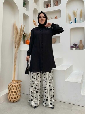 Bym Fashion Bym Boydan Düğmeli Kol Manşetli Hakim Yaka Tunik 2684 Siyah