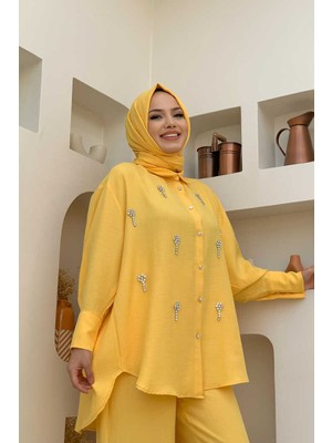 Bym Fashion Bym Taş Işlemeli Yarasakol Görünümlü Düğmeli Tunik 2685 Sarı