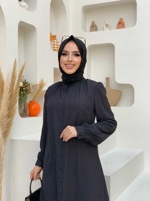 Bym Fashion Bym Boydan Düğmeli Kol Manşetli Hakim Yaka Tunik 2684 Siyah