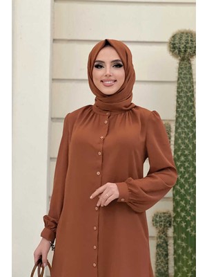 Bym Fashion Bym Boydan Düğmeli Kol Manşetli Hakim Yaka Tunik 2684 Taba