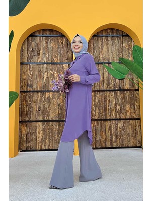 Bym Fashion Bym Boydan Düğmeli Kol Manşetli Yakalı Tunik 2683 Lila