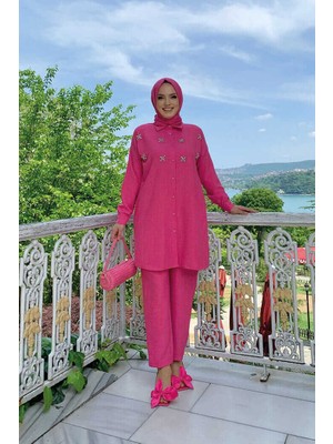 Bym Fashion Bym Taş Detaylı Düğmeli Tunik ve Pantolonlu Ikili Takım 8404 Fuşya