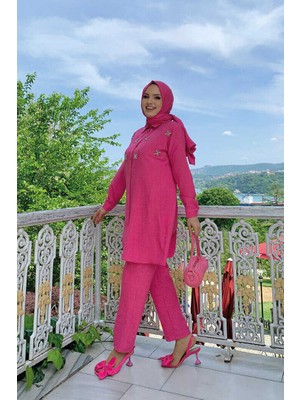 Bym Fashion Bym Taş Detaylı Düğmeli Tunik ve Pantolonlu Ikili Takım 8404 Fuşya