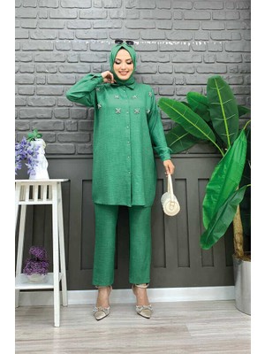 Bym Fashion Bym Taş Detaylı Düğmeli Tunik ve Pantolonlu Ikili Takım 8404 Zümrüt