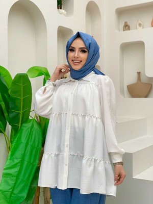 Bym Fashion Bym Kat Taş Işleme Görünümlü Düğmeli Tunik 2687 Ekru