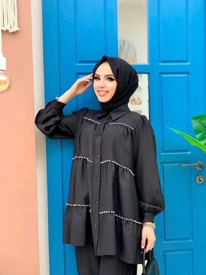 Bym Fashion Bym Kat Taş Işleme Görünümlü Düğmeli Tunik 2687 Siyah