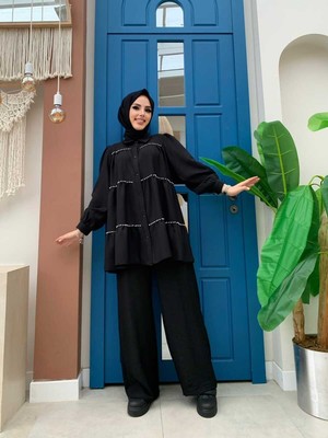 Bym Fashion Bym Kat Taş Işleme Görünümlü Düğmeli Tunik 2687 Siyah