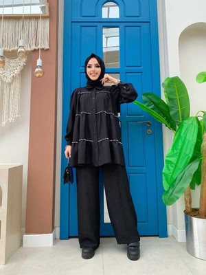 Bym Fashion Bym Kat Taş Işleme Görünümlü Düğmeli Tunik 2687 Siyah