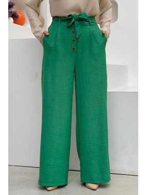 Bym Fashion Düğme Detaylı Bel Bağlamalı Cepli Bol Pantolon 0275 Zümrüt