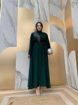 Bym Fashion Omuz Taş İşlemeli Bel Bağlamalı Ferace 7805 Zümrüt