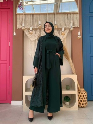 Bym Fashion Bym Dantel Abaya Bel Kuşaklı Cep Detaylı Tulum Takım 3782 Zümrüt