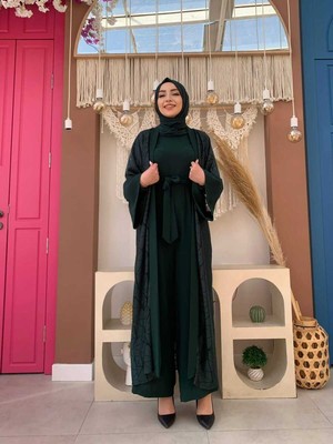 Bym Fashion Bym Dantel Abaya Bel Kuşaklı Cep Detaylı Tulum Takım 3782 Zümrüt