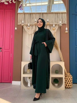 Bym Fashion Bym Dantel Abaya Bel Kuşaklı Cep Detaylı Tulum Takım 3782 Zümrüt