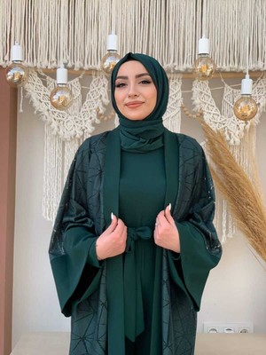 Bym Fashion Bym Dantel Abaya Bel Kuşaklı Cep Detaylı Tulum Takım 3782 Zümrüt