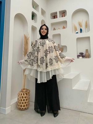 Bym Fashion Bym Fırfır Detay Güpür Desen Işlemeli Tunik 2690 Ekru