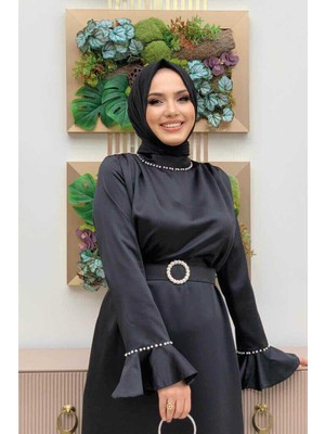 Bym Fashion Bym Kol Manşetleri ve Yaka Kısmı Işleme Detay Kemer Aksesuarlı Saten Abiye Elbise 3793 Siyah