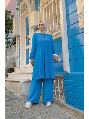 Bym Fashion Bym Taş Işleme Detaylı Pantolonlu Tunik Takım 8464 Mavi