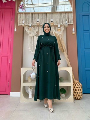 Bym Fashion Taş Detaylı Bel Kuşaklı Elbise 3797 Zümrüt